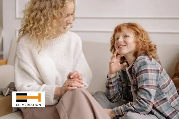 Happy mother and child after sorting child arrangements mediation Oadby